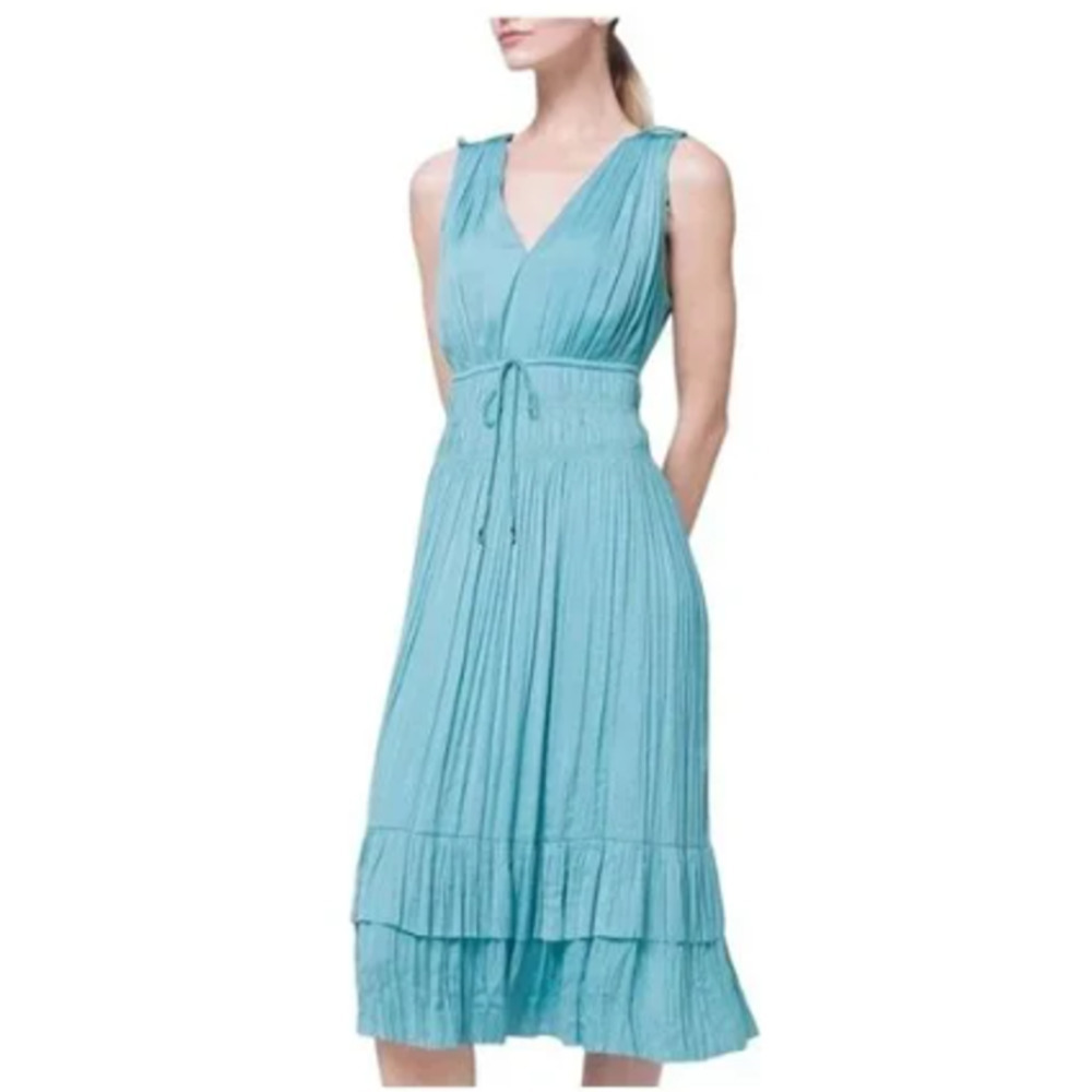 WHITE HOUSE BLACK MARKET TEAL BLUE SLEEVELESS PLEATED V NECK MIDI DRESS Size XS - Picture 11 of 11